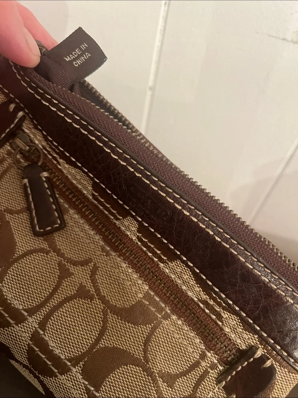Coach Brown Signature Canvas Wristlet with Dark Brown Leather Trim